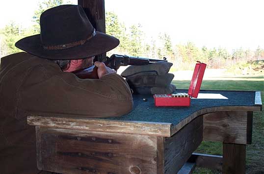 Phil Fogg shooting off the bench on his way to a win in the Lever Action Rifle - Pistol Caliber class during the Nov. 6, 2004 shoot.