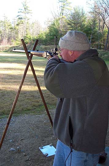 Dave Ciripampa shooting offhand using cross-sticks due to a shoulder operation.  He won the Single Shot Sporting Rifle - Black Powder  class on Nov. 6, 2004.
