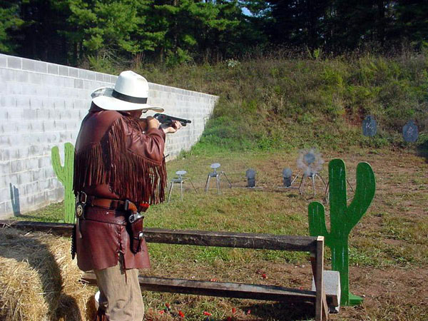 Nailing a shotgun target at 2005 SASS Northeast Regional in Thurmont, MD.