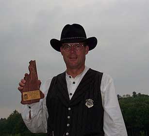 Dead Head with his trophy plaque for High Classic Cowboy at 2003 NH State SASS Championships.